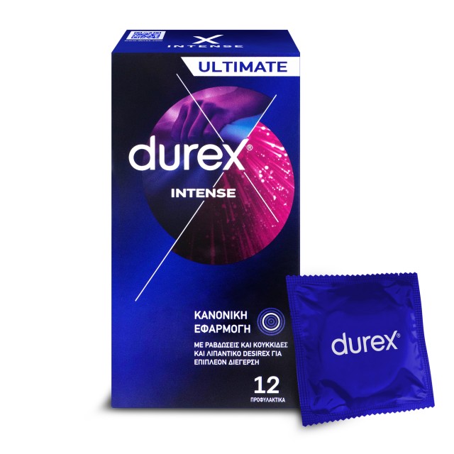 Durex Προφυλακτικά με Κουκίδες ,Ραβδώσεις και διεγερτικό Τζέλ Intense κανονική εφαρμογή, 12 τεμάχια