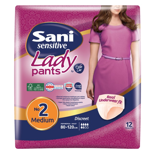 Sani Lady Discreet Pants No2 Μedium Ελαστικό Εσώρουχο Ακράτειας, 12τεμ