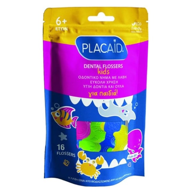 Plac Aid Dental Kids Sea Flossers  Οδοντικό Νήμα με Λαβή για Παιδιά 6+ ετών 16τεμ.