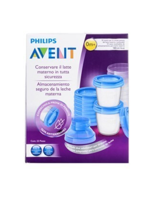 AVENT SCF618/10 Δοχεία αποθήκευσης μητρικού γάλακτος. Προσαρμόζεται σε όλα τα θήλαστρα & τις θηλές Avent. Χωρίς BPA 10 κύπελα + 12 καπάκια Χωρητικότητας 180 ml