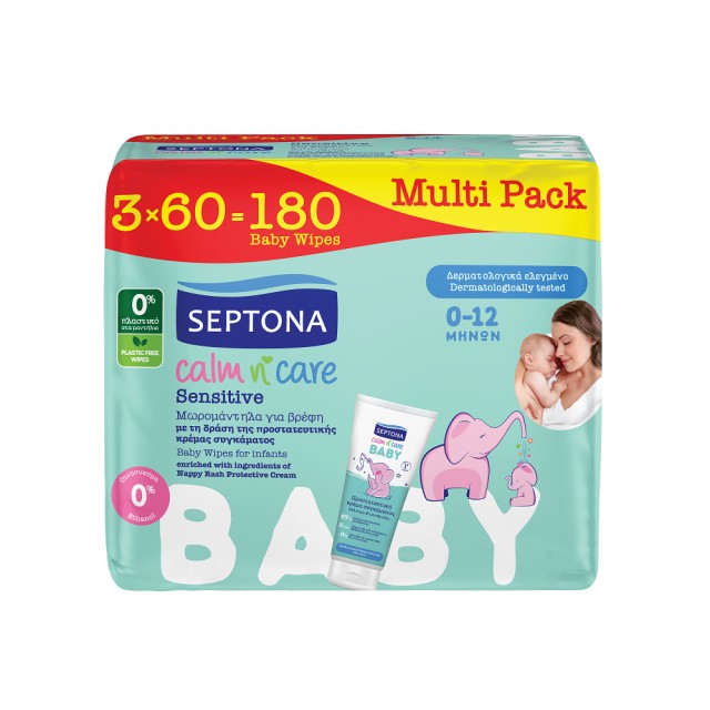 Septona Baby Calm n Care Wipes Sensitive Απαλά Βρεφικά Μωρομάντηλα για την Ευαίσθητη Επιδερμίδα από 0 έως 12 Μηνών 180 Τεμάχια