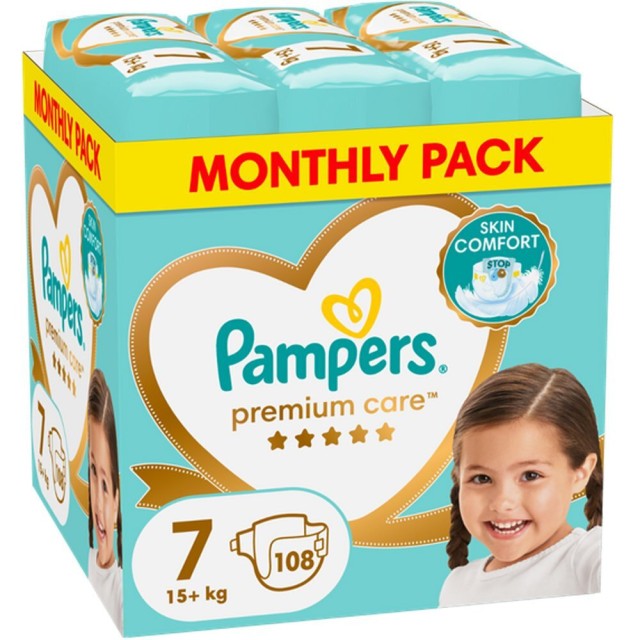 Pampers Πάνες με Αυτοκόλλητο Premium Care Monthly Pack No. 7 για 15+kg 108τμχ