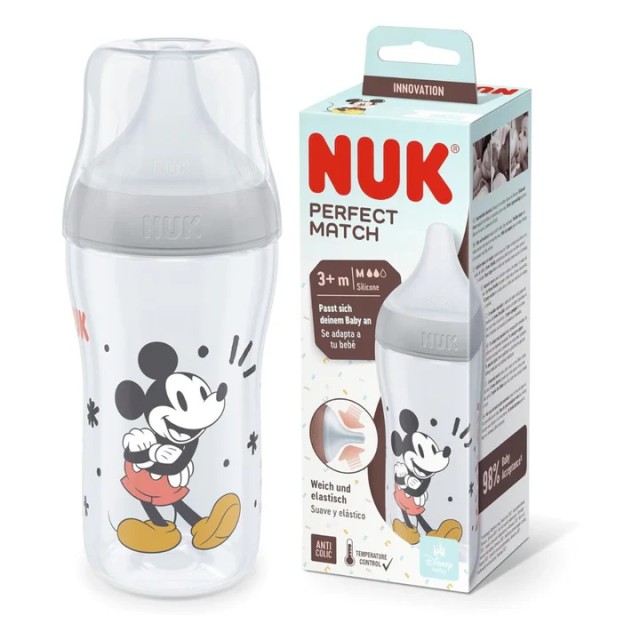 Nuk Perfect Match Μπιμπερό Πλαστικό 3m+ με Δείκτη Ελέγχου Θερμοκρασίας Mickey 260ml