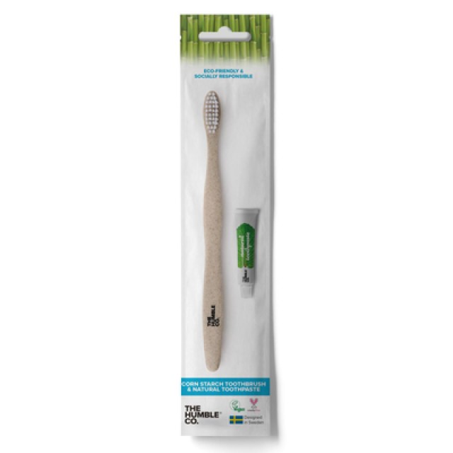 The Humble Co. Corn Starch Toothbrush Οδοντόβουρτσα 1τμχ. & Natural Toothpaste Οδοντόκρεμα, 7gr - Travel Pack