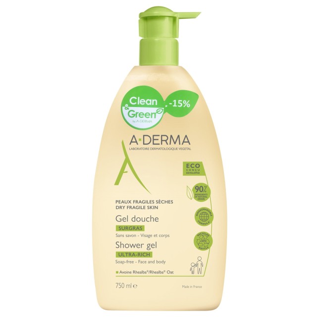 A-Derma Gel Douche Surgras Ultra Rich Shower Gel Αφρίζων Καθαριστικό Πλούσιας Υφής 750ml