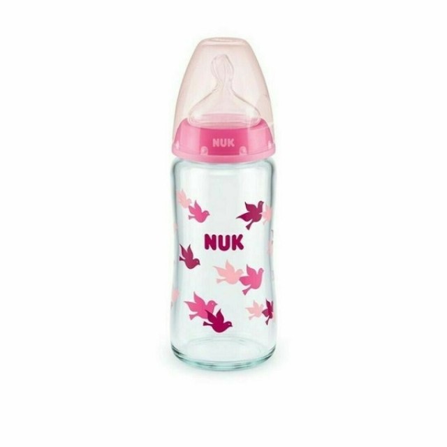 Nuk First Choice Plus Μπιμπερό Γυάλινο Mε Δείκτη Ελέγχου Θερμοκρασίας Και Θηλή Σιλικόνης Ροζ Πουλακια  0-6m 240ml