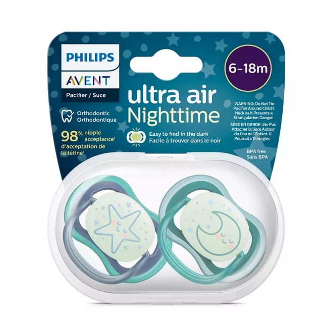 Avent Ultra Air Nighttime 6-18m SCF376/13 Νυχτερινή Ορθοδοντική Πιπίλα Σιλικόνης Μπλέ 2τμχ