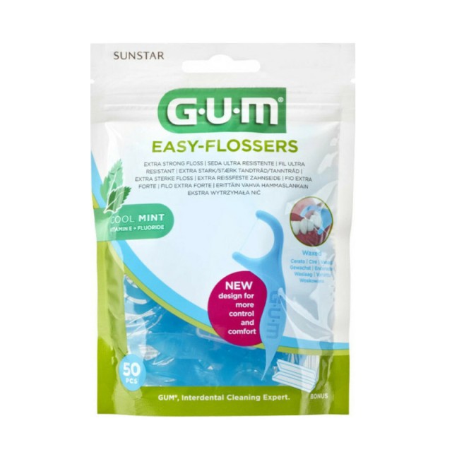 GUM Easy-Flossers 890 Κερωμένο Οδοντικό Νήμα με Γεύση Μέντα και Λαβή σε Γαλάζιο χρώμα 50τμχ