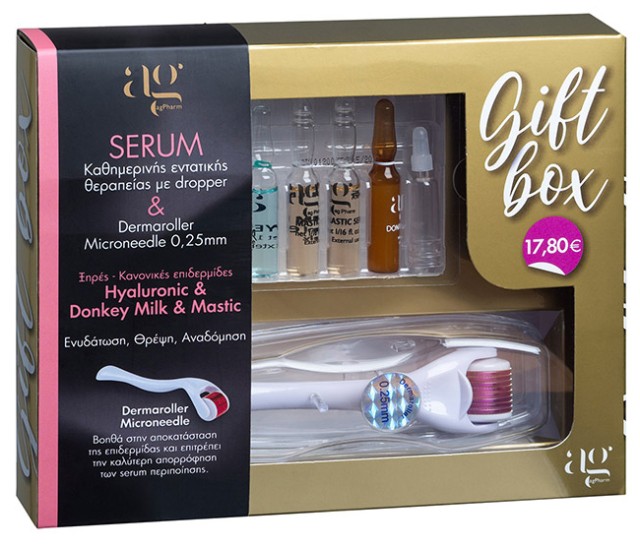 AgPharm Gift Box Ενυδάτωσης Hyaluronic Serum 2x2ml & Donkey Milk Serum 2x2ml & Mastic Serum 2ml & Derma Roller 0.25mm