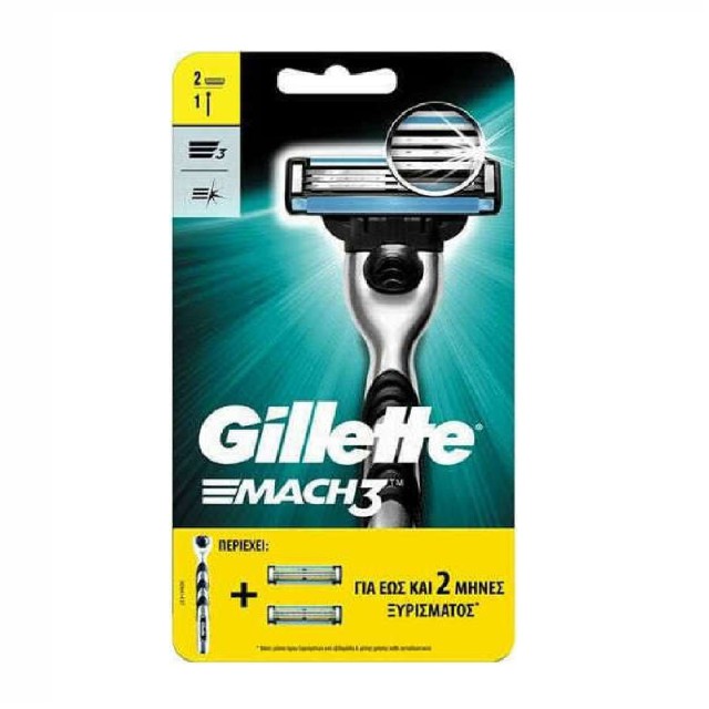 Gillette Mach3 Ξυραφάκι με Ανταλλακτικές Κεφαλές 3 Λεπίδων και Λιπαντική Ταινία 2τμχ