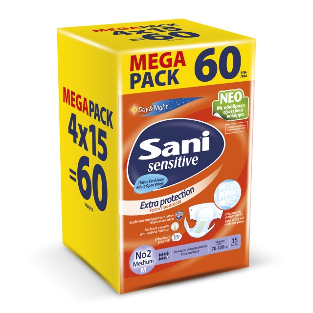 Sani Ανοιχτή πάνα ακράτειας Sani Sensitive Medium No2 Mega Pack 60τεμ Value Pack (4x15τμχ)