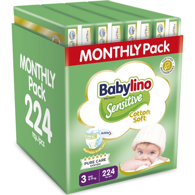 Βρεφική πάνα Babylino Sensitive Cotton Soft No3 4-9 Kg Monthly Pack 224 τεμ.