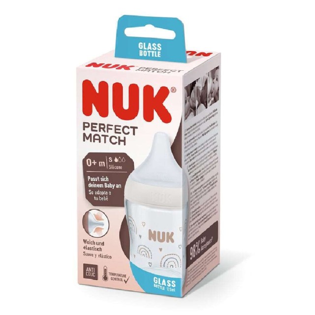 Nuk Γυάλινο Μπιμπερό Perfect Match Temperature Control με Θηλή Σιλικόνης 120ml για 0+ μηνών