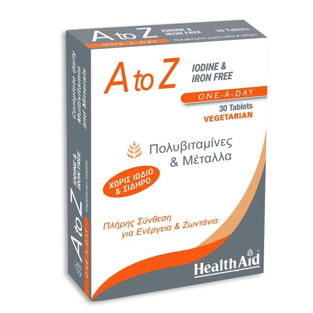 Health Aid A To Z Iodine & Iron Free Συμπλήρωμα Διατροφής με Βιταμίνες και Μέταλλα για Ενέργεια και Ζωντάνια 30Tabs