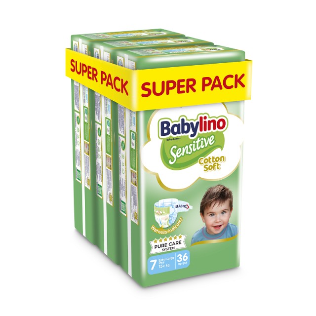 Βρεφική πάνα Babylino Sensitive Cotton Soft No7 15+ Kg SUPER PACK 108 τμχ (3X36)