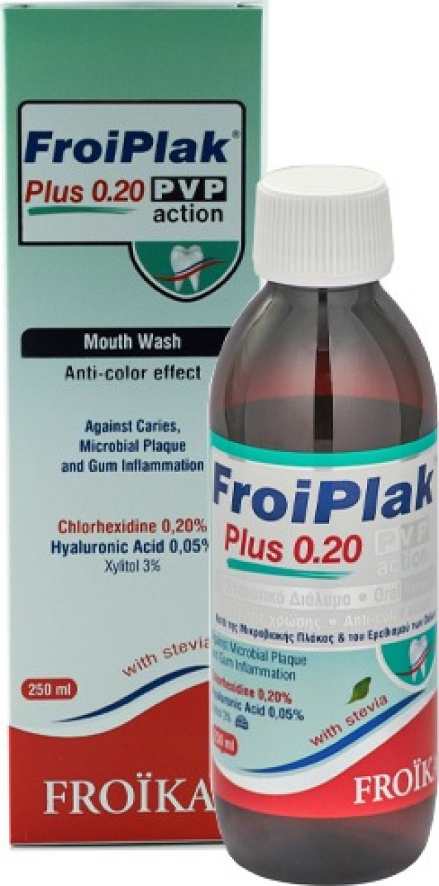 Froika FroiPlak Plus Anti-Plaque & Anti-color Effect Mouth Wash Chlorhexidine 0.20 PVP Action Στοματικό Διάλυμα κατά της Οδοντικής Πλάκας & της Χρώσης για Ερεθισμένα Ούλα, 250ml με Στέβια