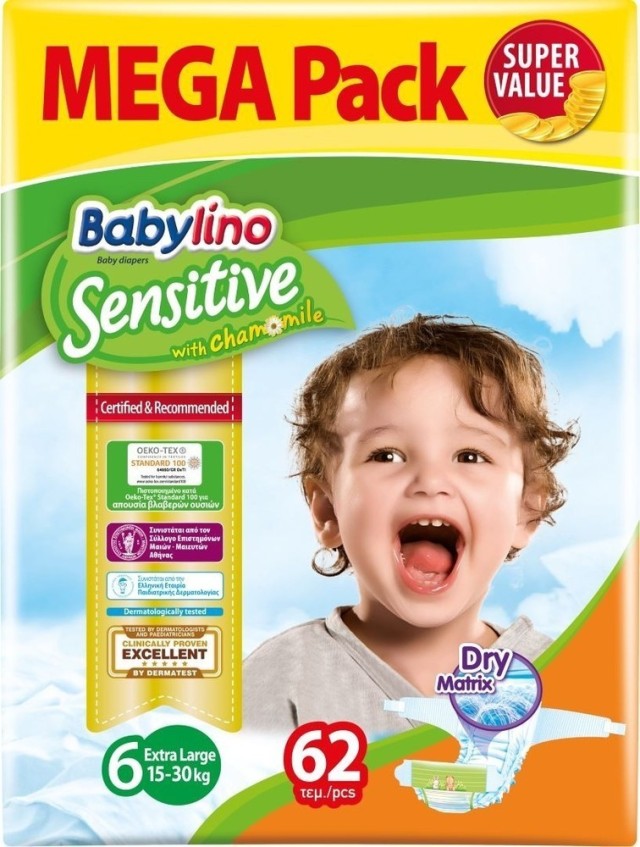 Βρεφική πάνα Babylino Sensitive No6 15-30 κιλά Mega Pack(62τμχ)