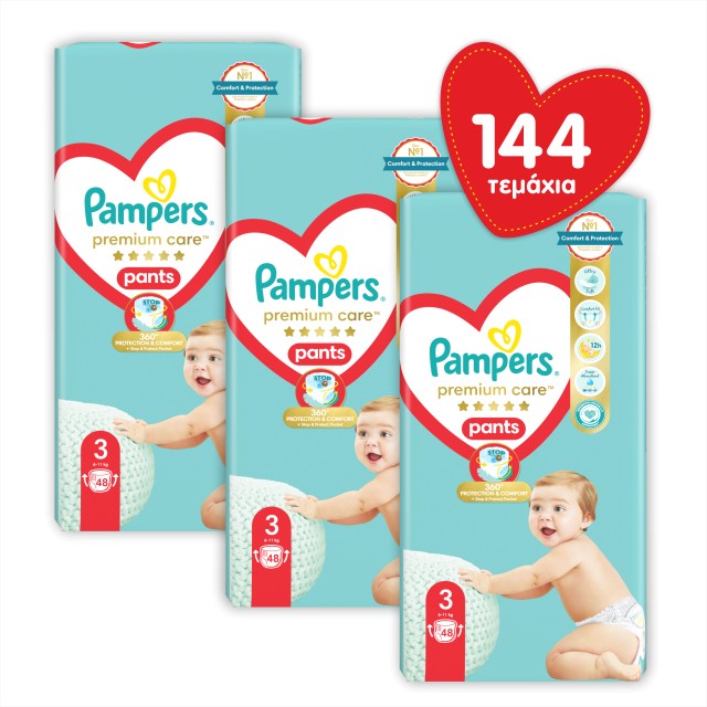 Pampers Πακέτο x3 JUMBO Premium Care Pants Πάνα - Βρακάκι Μέγεθος 3 (6-11 κιλά) 144 πάνες (3x48)