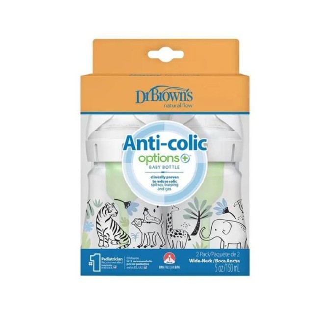 Dr Browns Anti-Colic Options+ 0+m Πλαστικό Μπιμπερό με Φαρδύ Λαιμό και με Θηλή Σιλικόνης Ζούγκλα 2x150ml (52014)