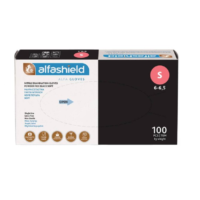 Alfashield Alfa Gloves Γάντια Νιτριλίου Χωρίς Πούδρα σε Μαύρο Χρώμα Small 100τμχ