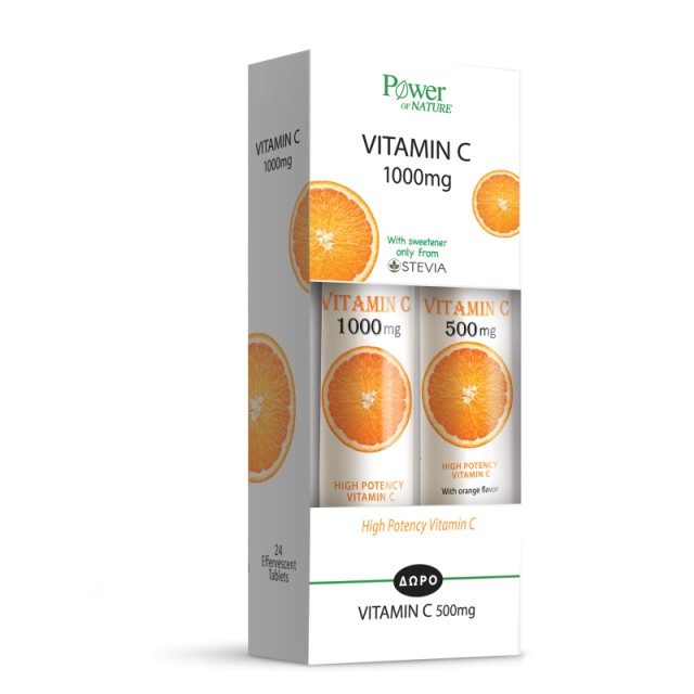 Power Of Nature Vitamin C 1000mg Στέβια 24 αναβράζοντα δισκία & Vitamin C 500mg Στέβια 20 αναβράζοντα δισκία