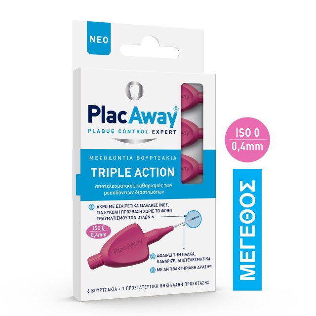 Plac Away Triple Action Μεσοδόντια Βουρτσάκια 0.4mm ISO 0, Ροζ, 6τεμ