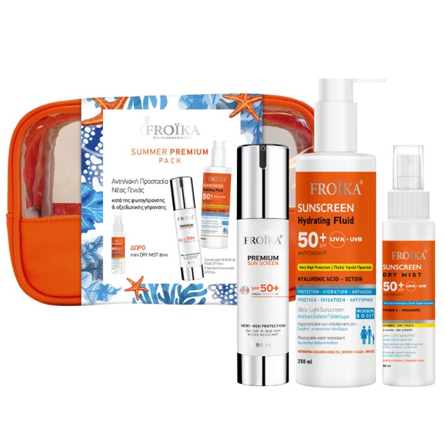 Froika Promo Pack Premium Sunscreen SPF50+ Αντηλιακό Προσώπου 50ml & Sunscreen Hydrating Fluid SPF50+ Αντηλιακό Σώματος 250 & ΔΩΡΟ Dry Mist SPF50+ Αντηλιακό Διάφανο Mist 80ml & Νεσεσέρ