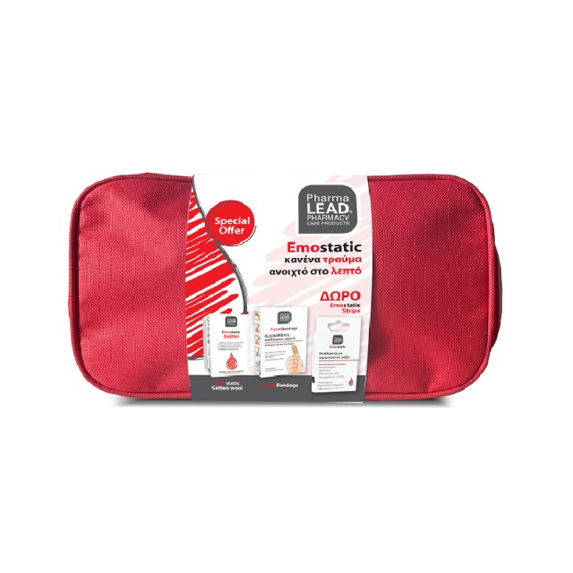 Pharmalead Promo Pack Emostatic Triple First Aid Kit Αιμοστατικό Βαμβάκι 2gr & FoamBandage Αυτοκόλλητος επίδεσμος αφρού 6cm x 1m & πιθέματα με αιμοστατική γάζα, 7x2cm, 6x2cm, 4x1cm, Ø  2,5cm